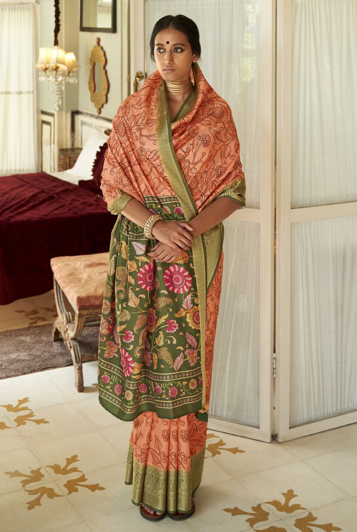 Plum Peach and Green Printed Kalamakri Silk Saree