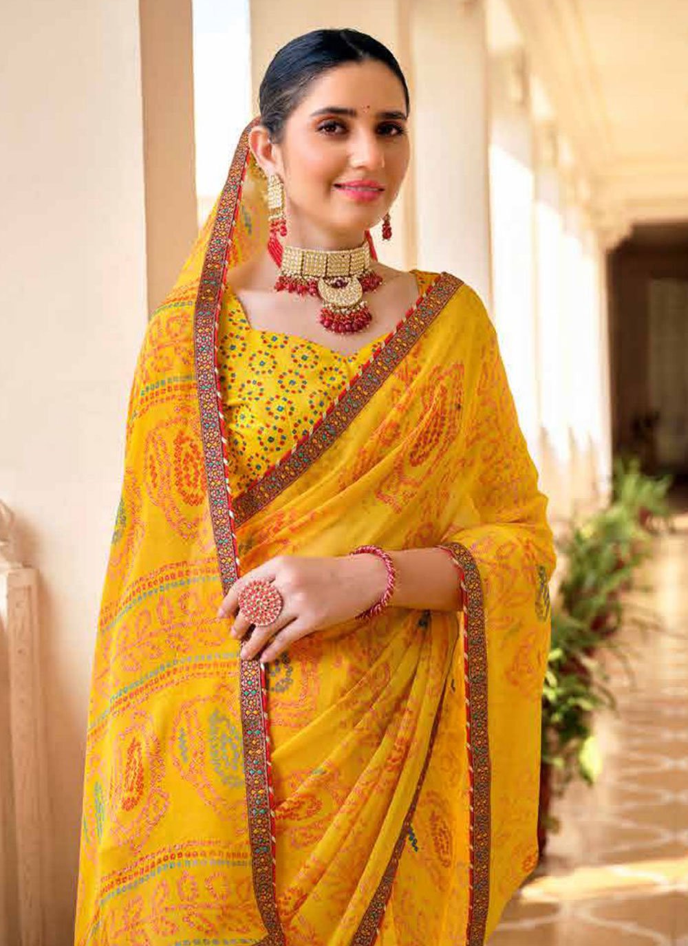 Sea Buckthorn Yellow Chiffon Bandhani Saree