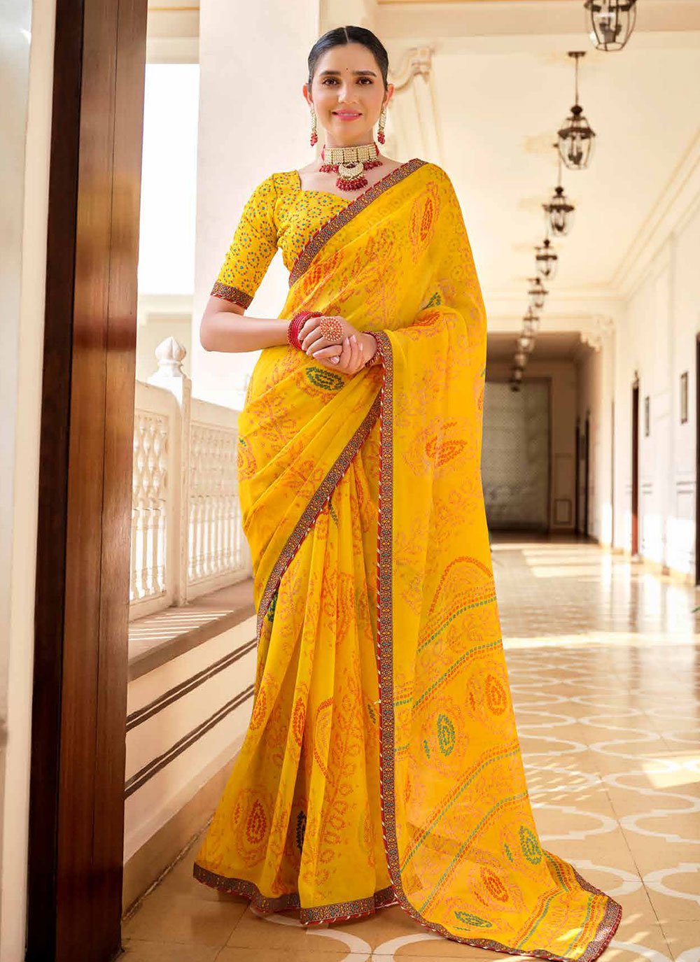 Sea Buckthorn Yellow Chiffon Bandhani Saree