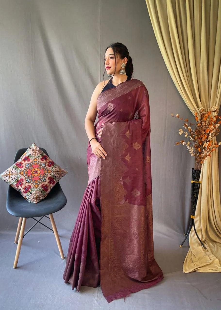 Anaya Linen Tissue Saree With Attractive Zari Motifs - Mira Fashion