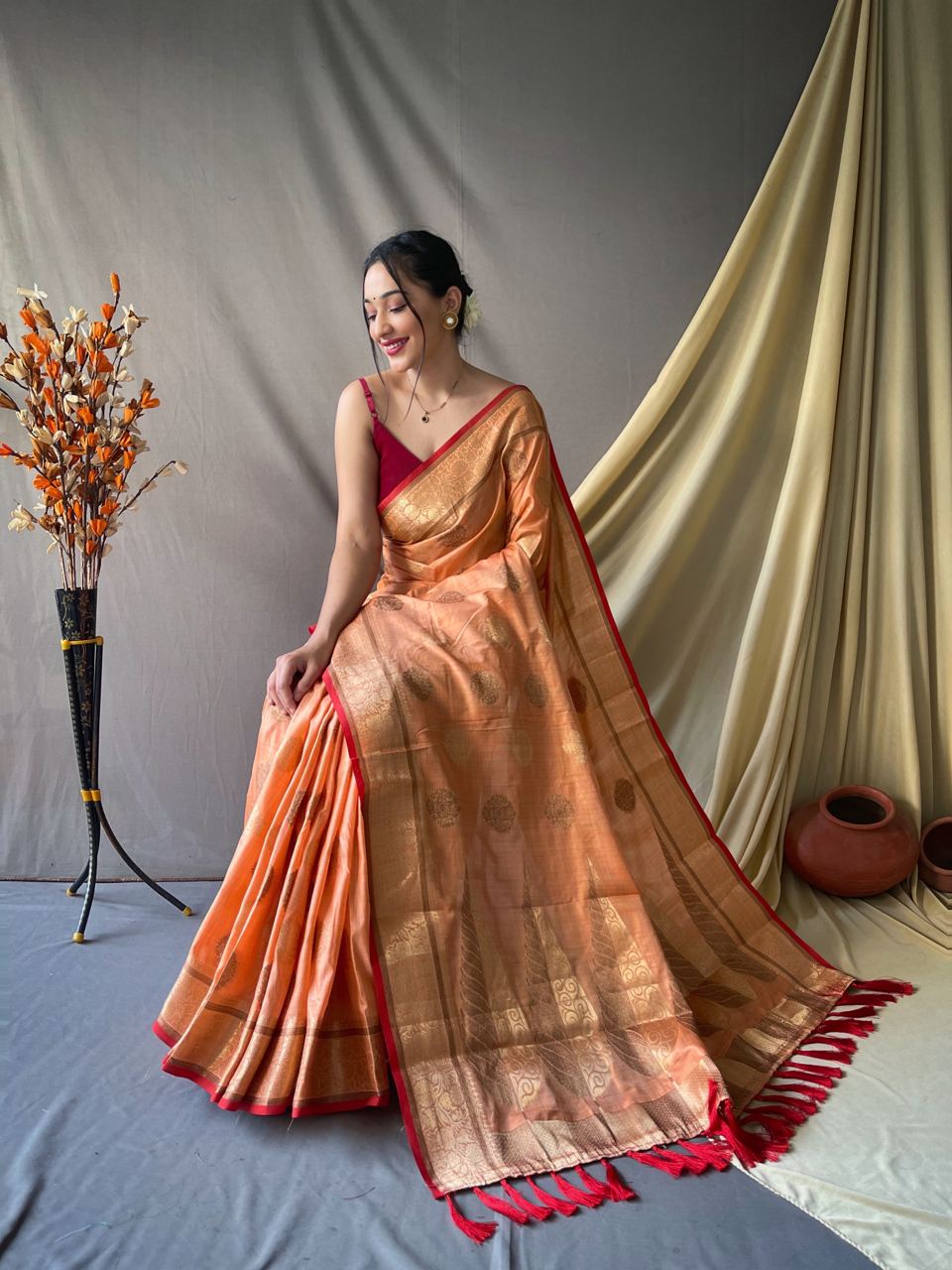 Orange Pure Cotton Linen Saree With Copper And Gold Zari - Mira Fashion