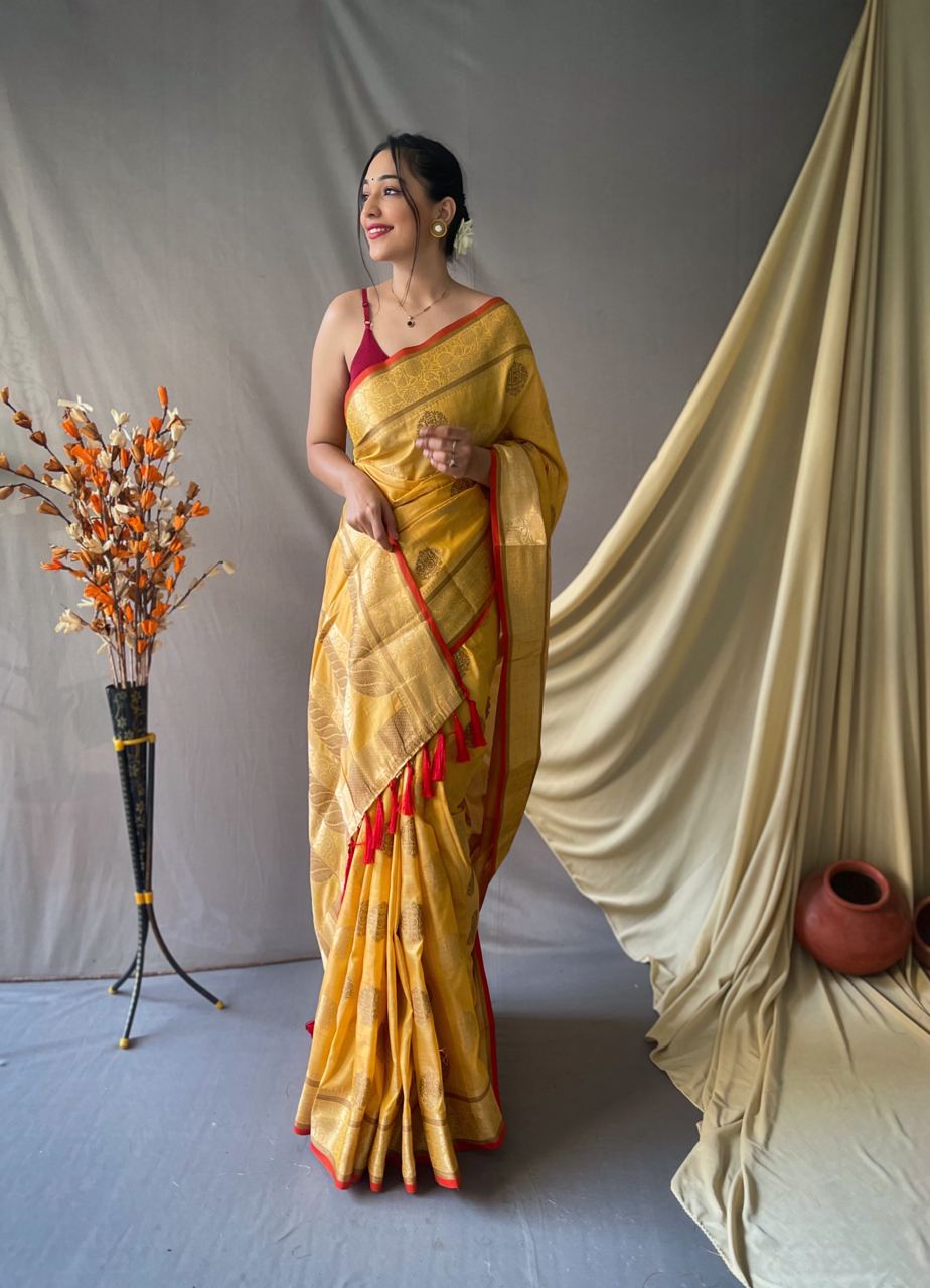 Yellow Pure Cotton Linen Saree With Copper And Gold Zari - Mira Fashion