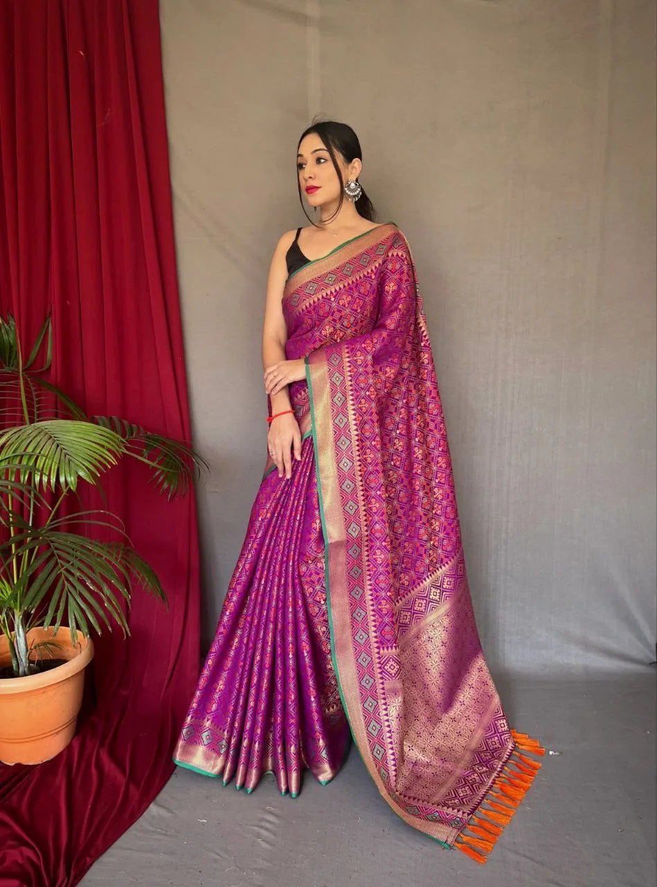 Rajkoti Patola Silk With Contrast Meenakari Saree - Mira Fashion