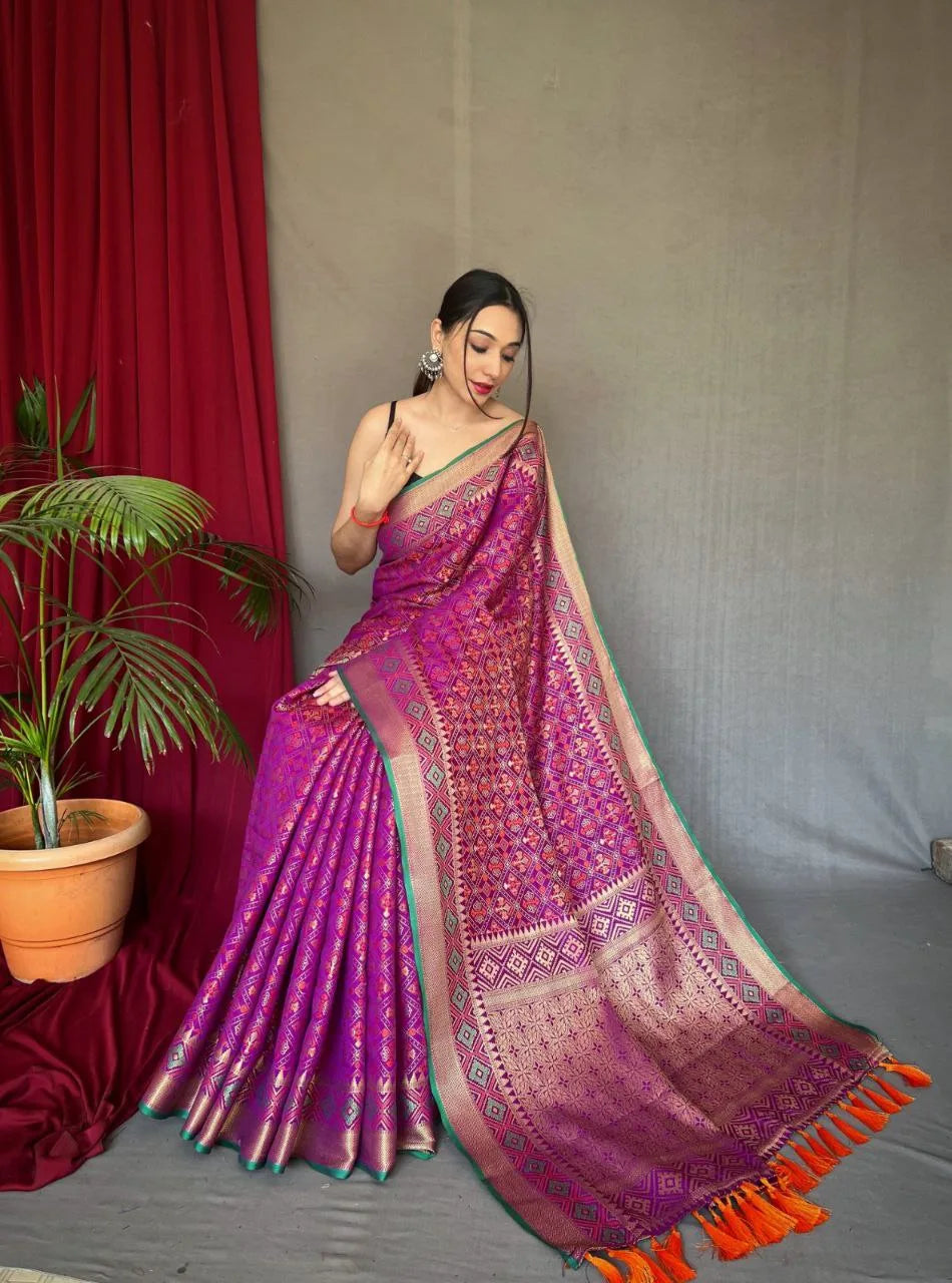 Rajkoti Patola Silk With Contrast Meenakari Saree - Mira Fashion