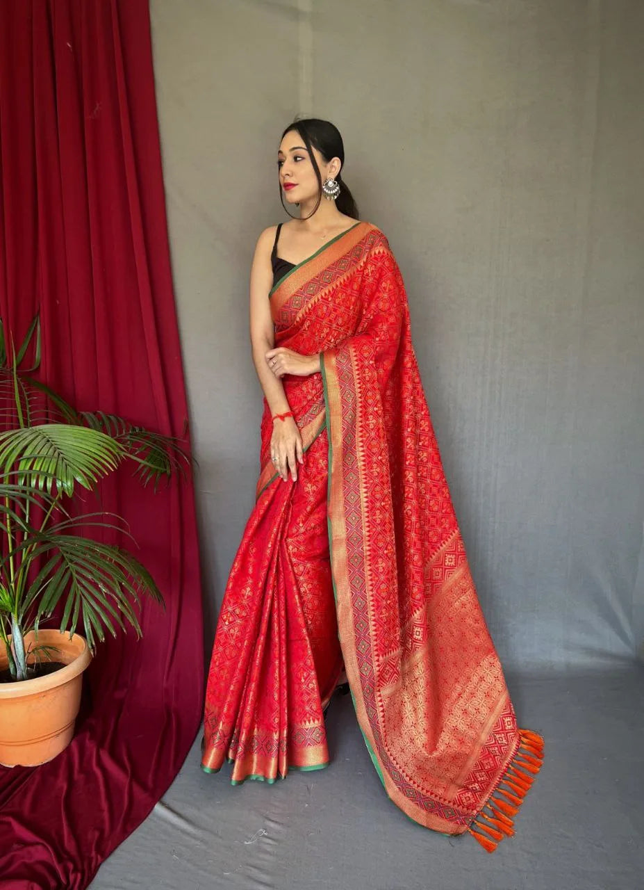 Rajkoti Patola Silk With Contrast Meenakari Saree - Mira Fashion