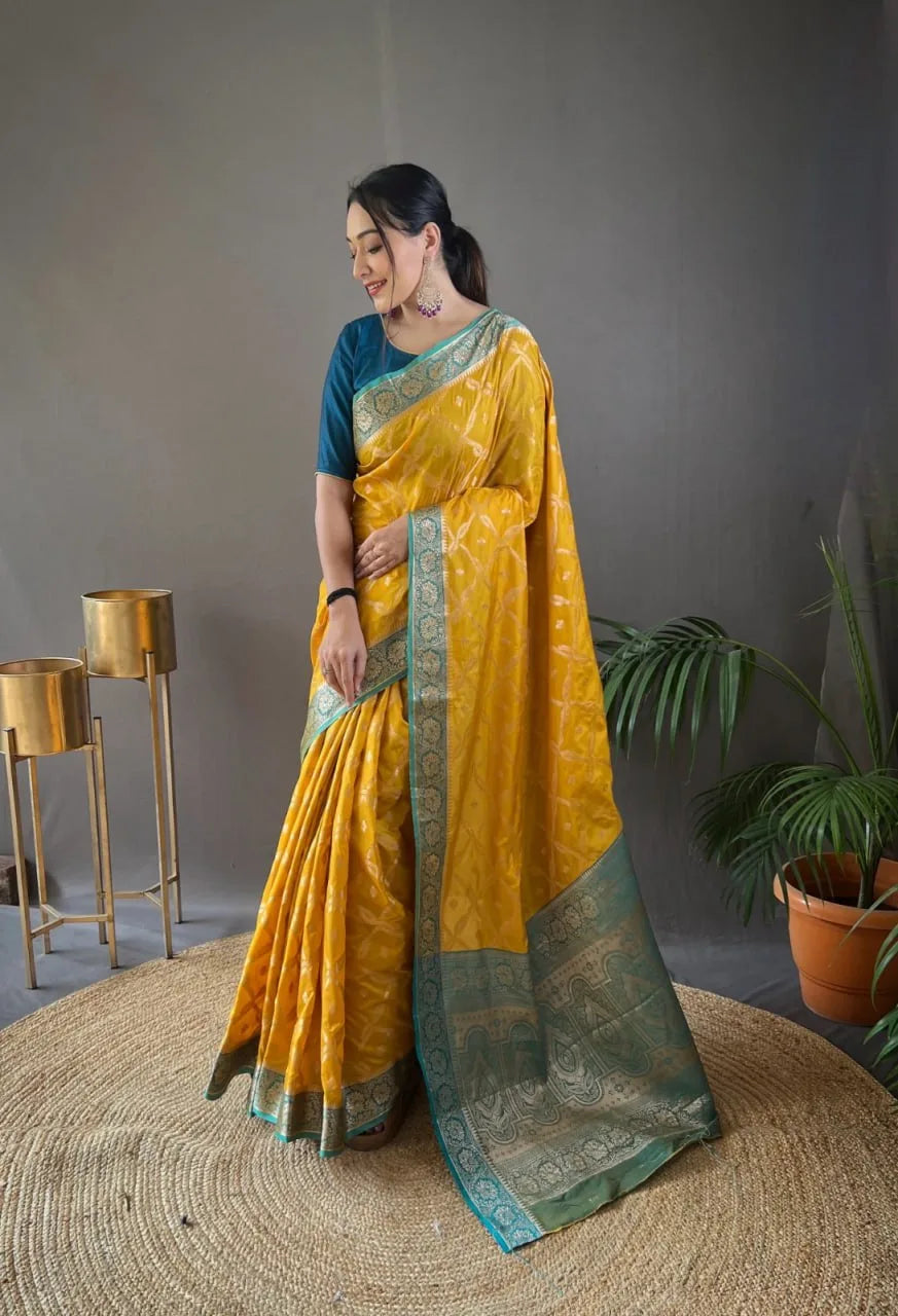 Zari Organza Silk Contrast Saree - Mira Fashion