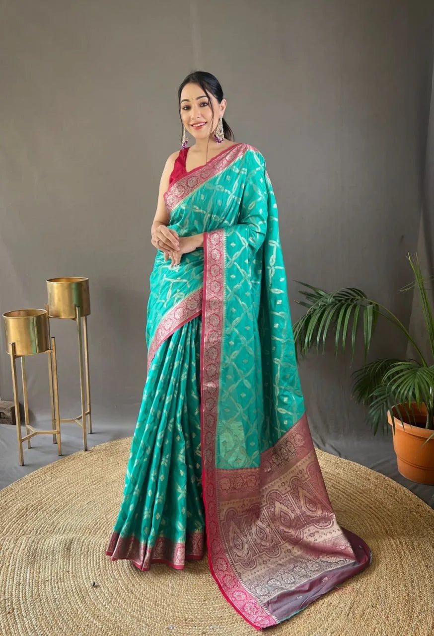 Zari Organza Silk Contrast Saree - Mira Fashion