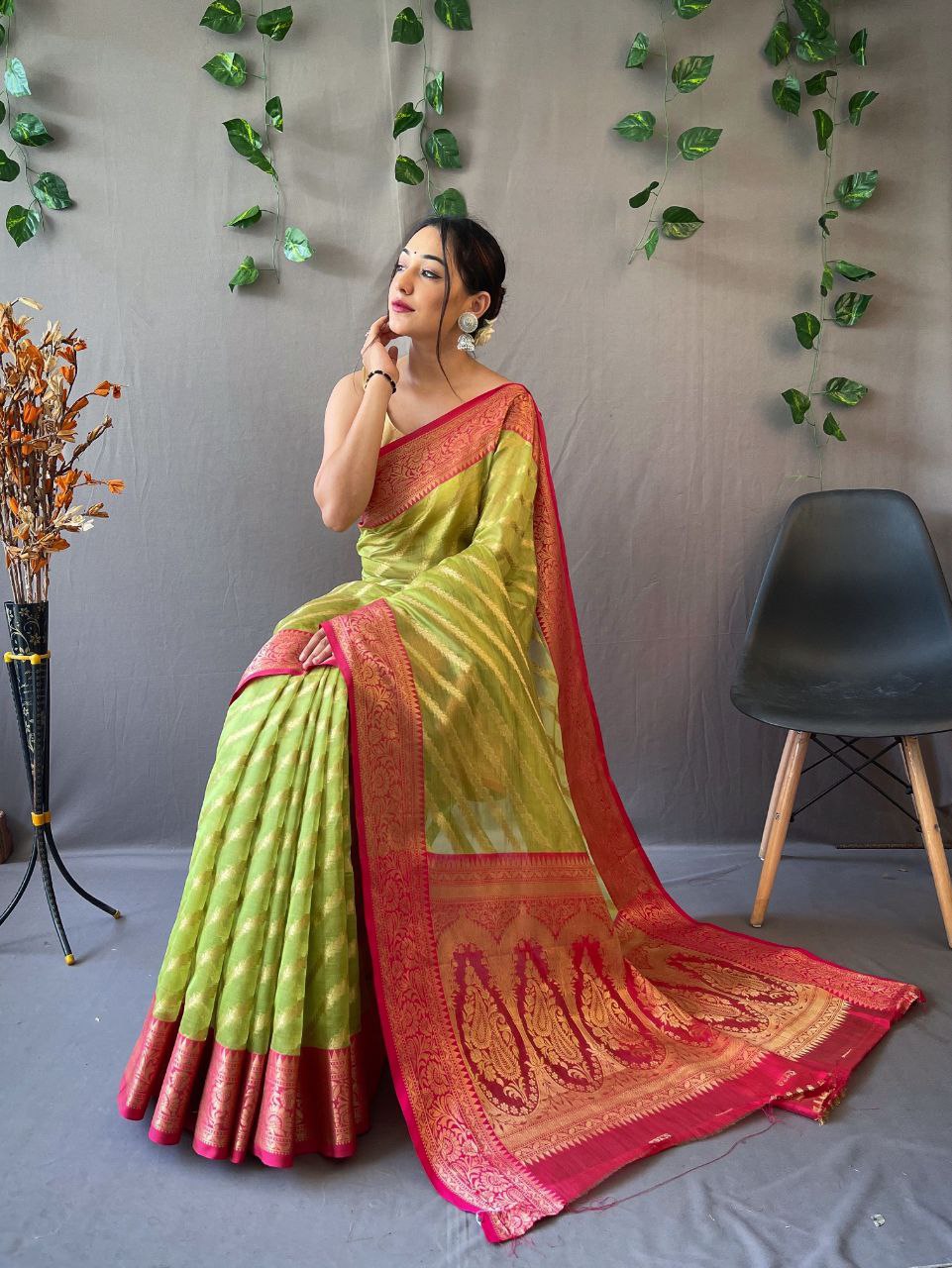 Organza Leheriya Saree With Jacquard border - Mira Fashion