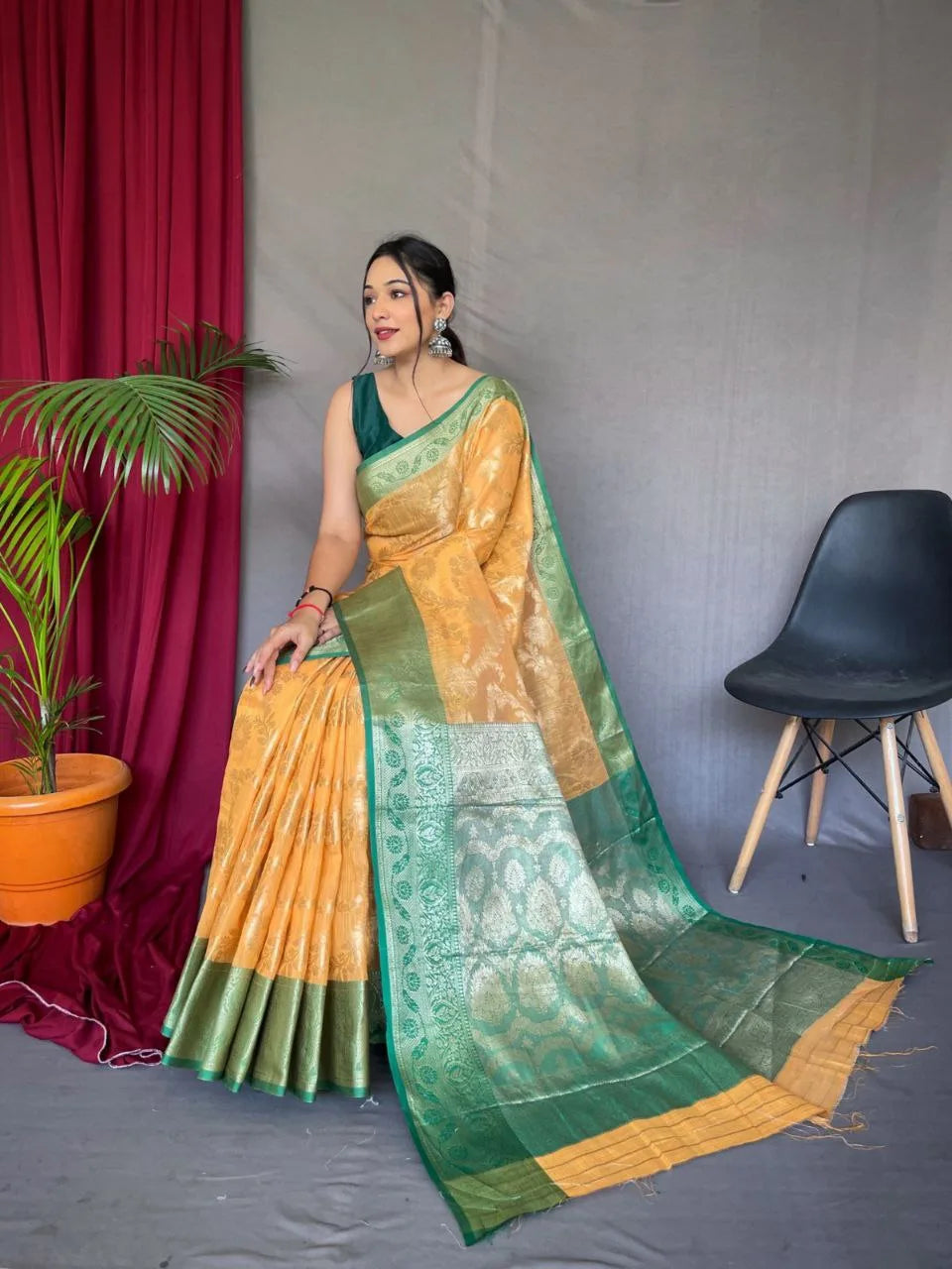 Rashi Orignal Linen Saree With Chap Border & Gold Pallu - Mira Fashion