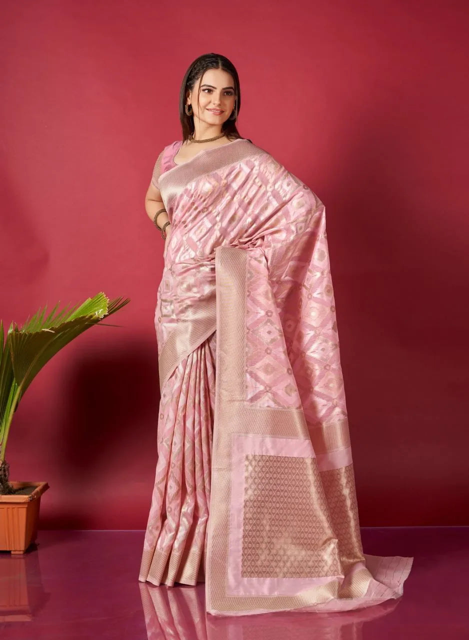 Light Pink Ikkat Weaving Linen Saree - Mira Fashion