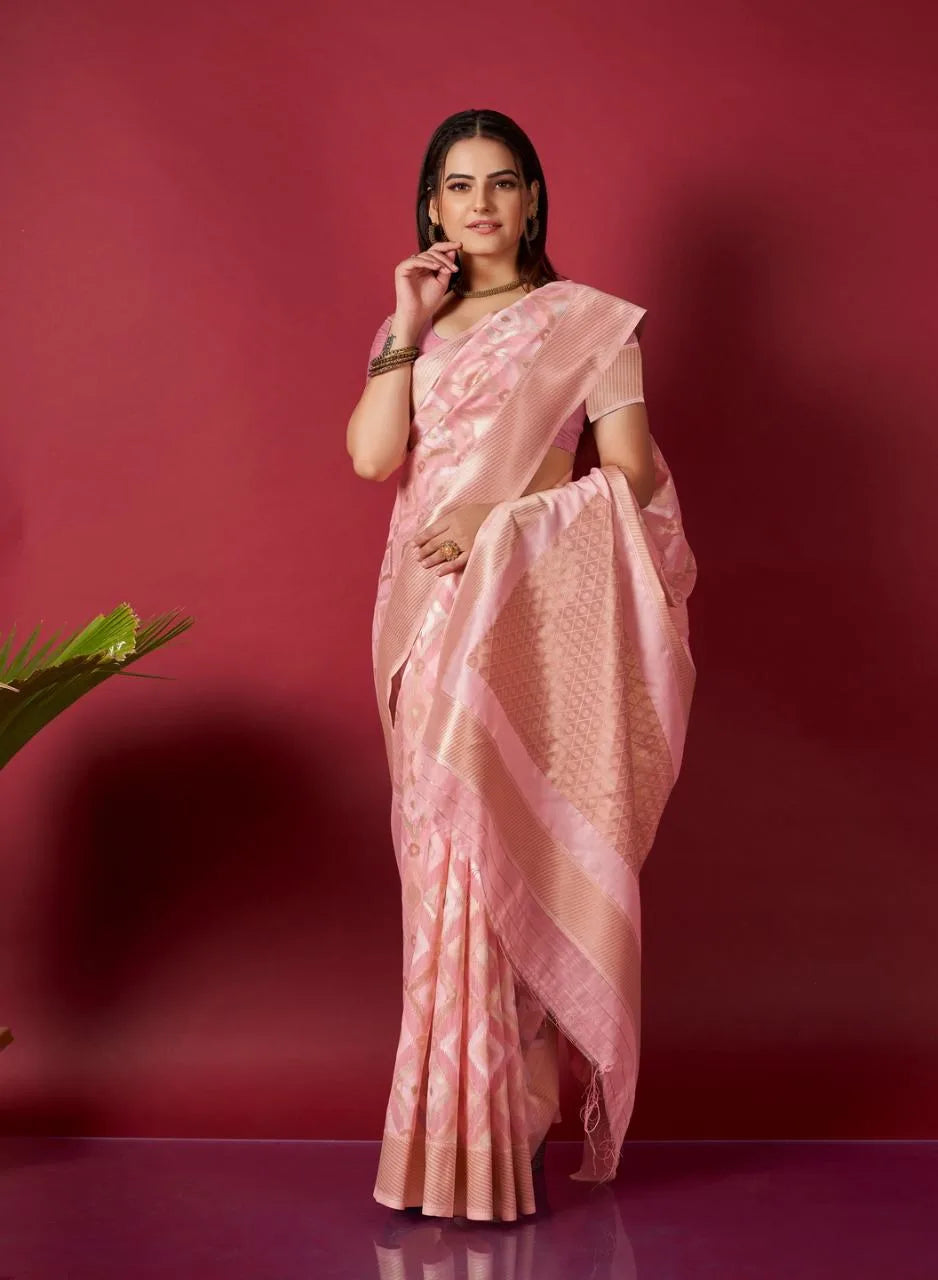 Light Pink Ikkat Weaving Linen Saree - Mira Fashion