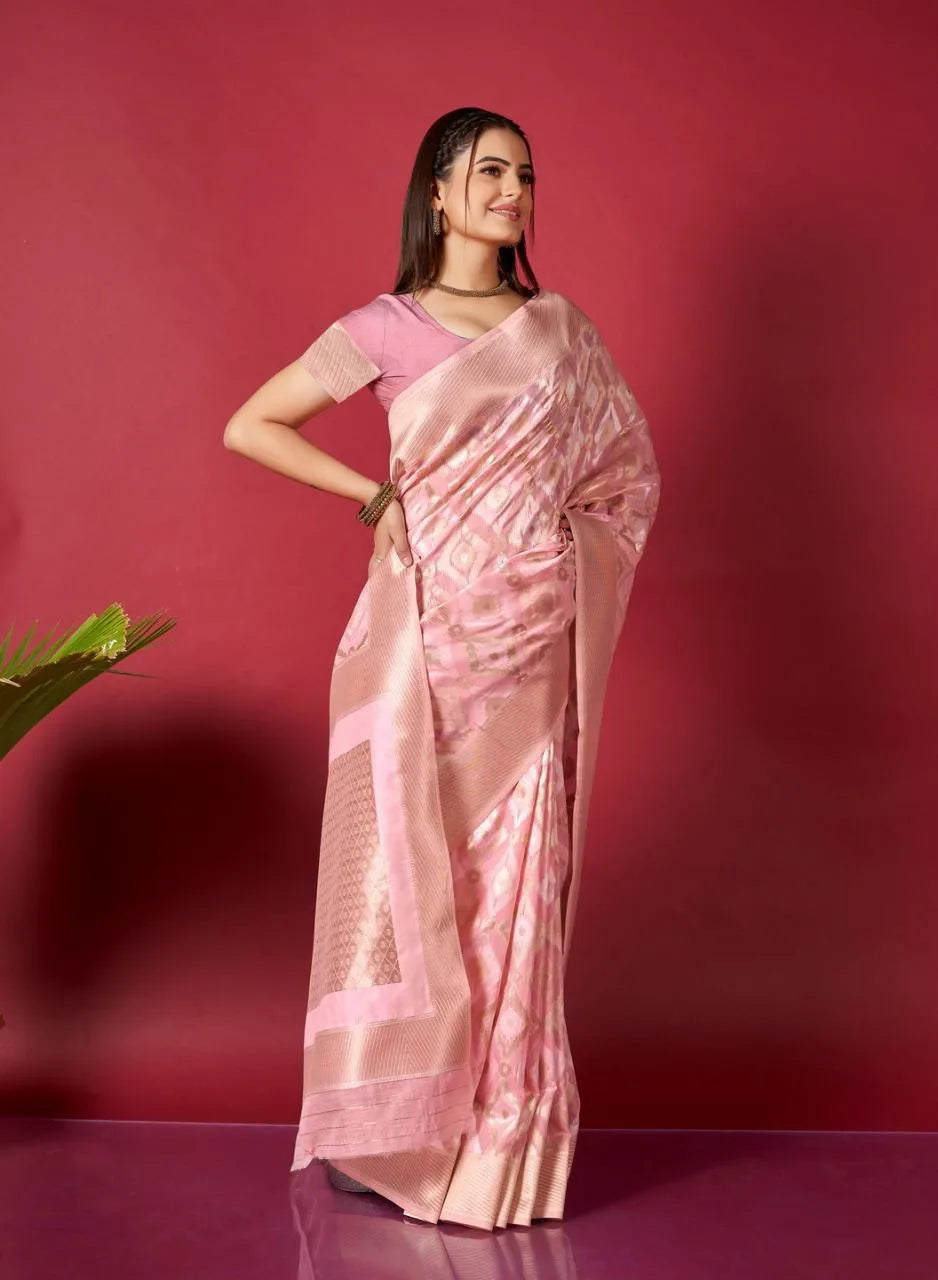 Light Pink Ikkat Weaving Linen Saree - Mira Fashion