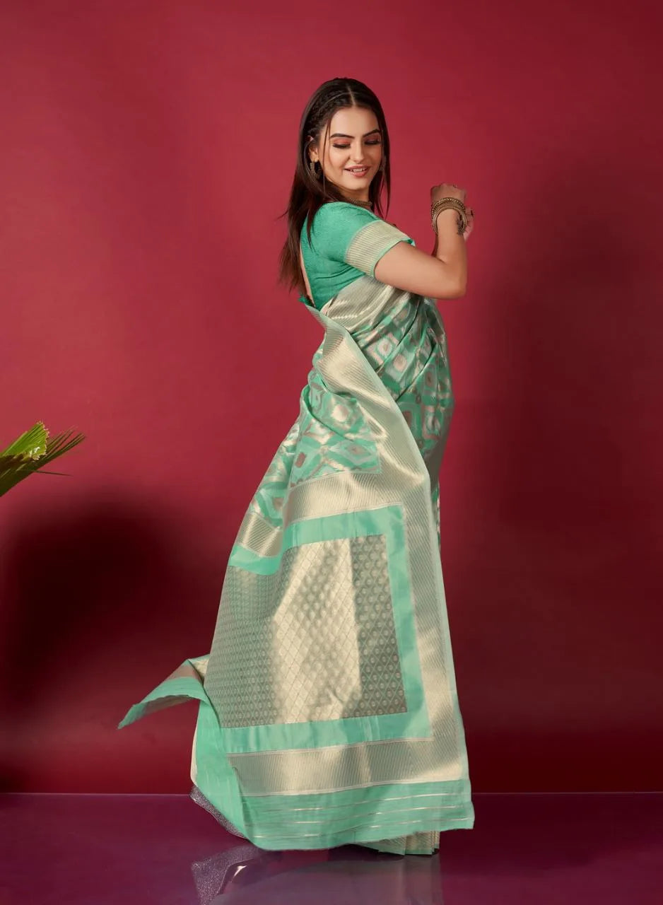 Green Ikkat Weaving Linen Saree - Mira Fashion