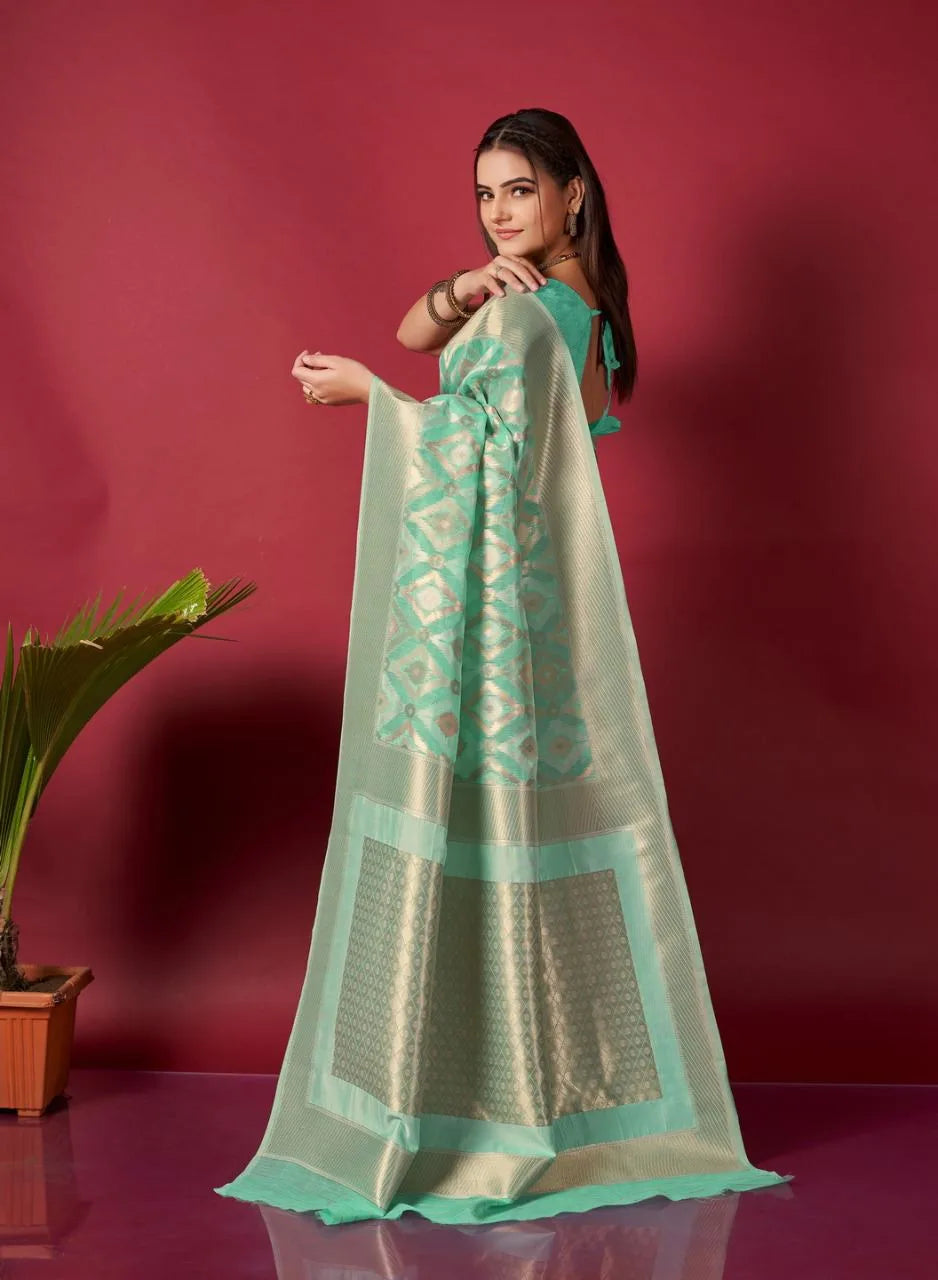 Green Ikkat Weaving Linen Saree - Mira Fashion