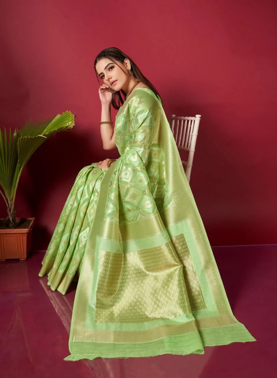 Light Green Ikkat Weaving Linen Saree - Mira Fashion