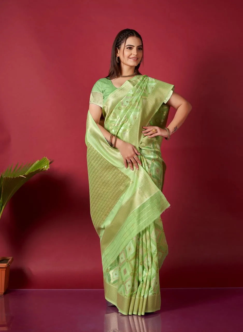 Light Green Ikkat Weaving Linen Saree - Mira Fashion