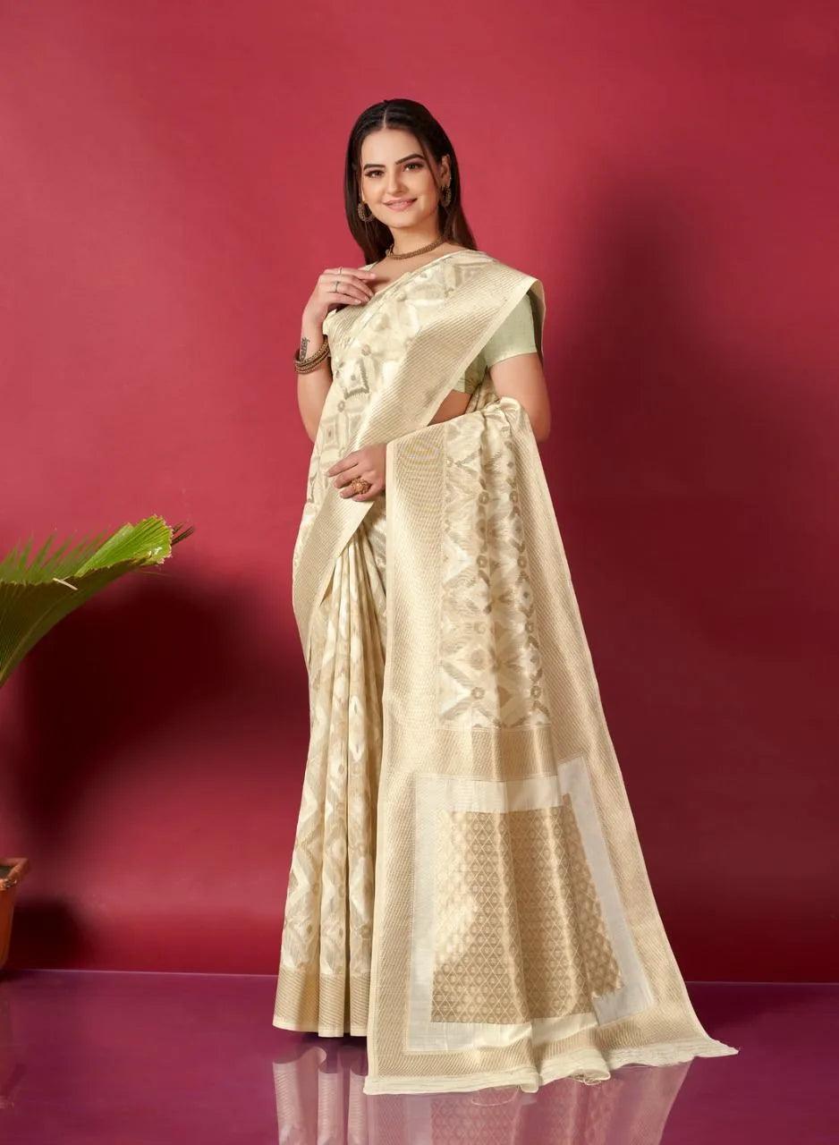 Cream Ikkat Weaving Linen Saree - Mira Fashion