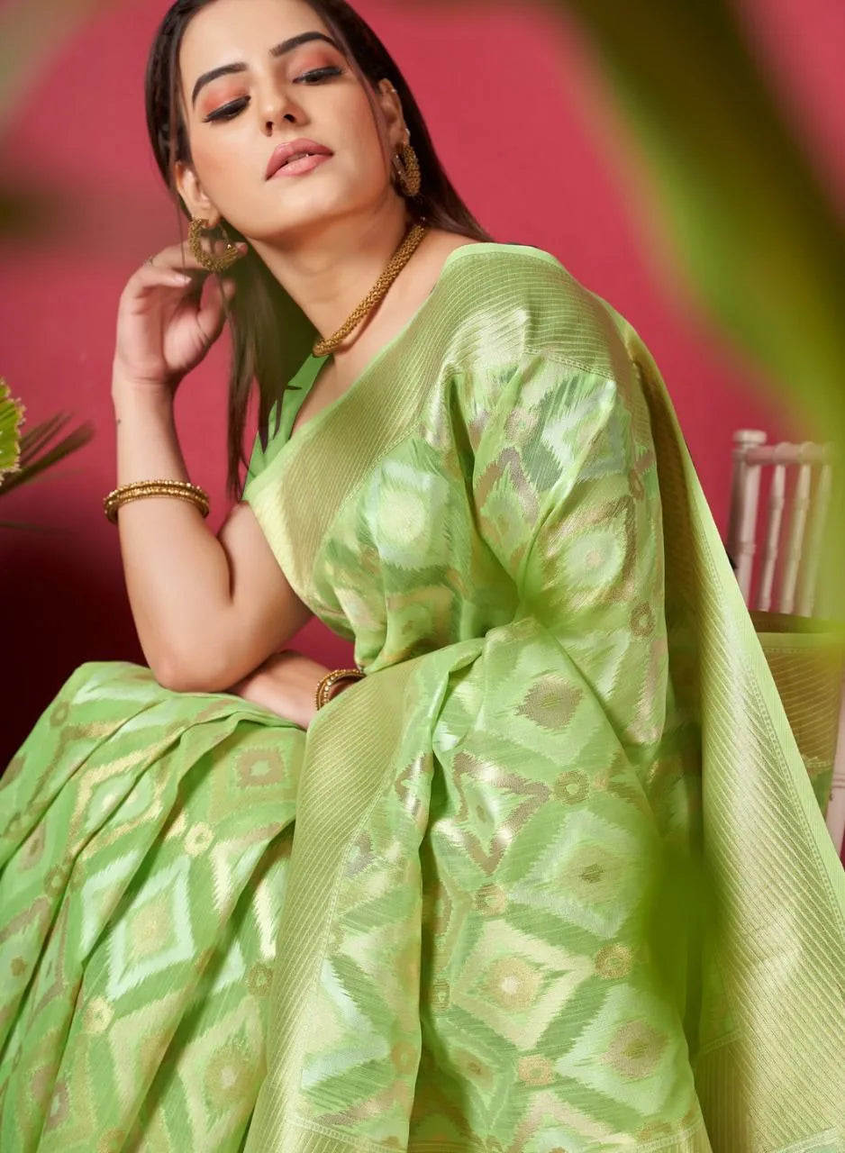 Light Green Ikkat Weaving Linen Saree - Mira Fashion