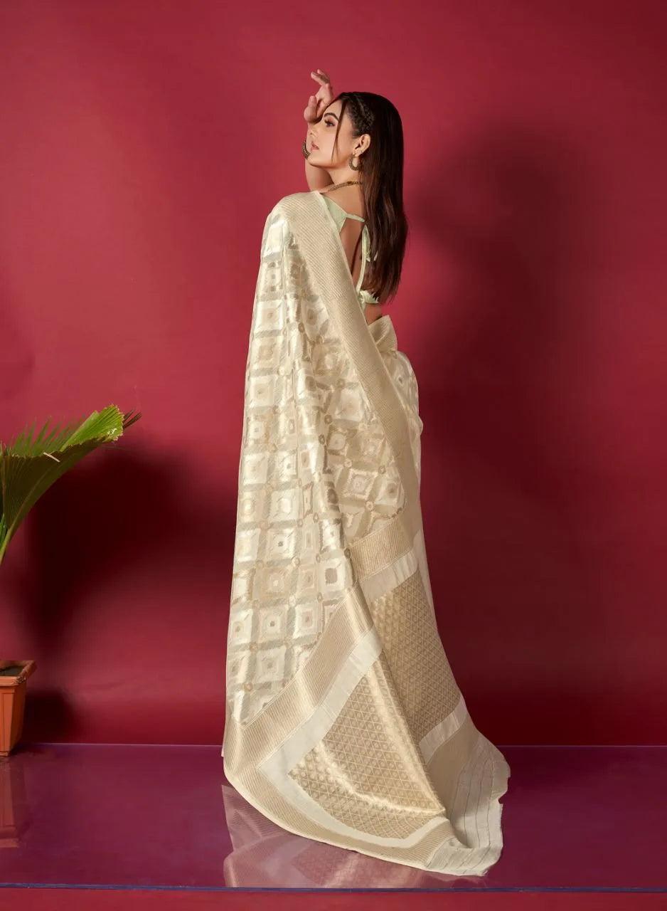 Cream Ikkat Weaving Linen Saree - Mira Fashion