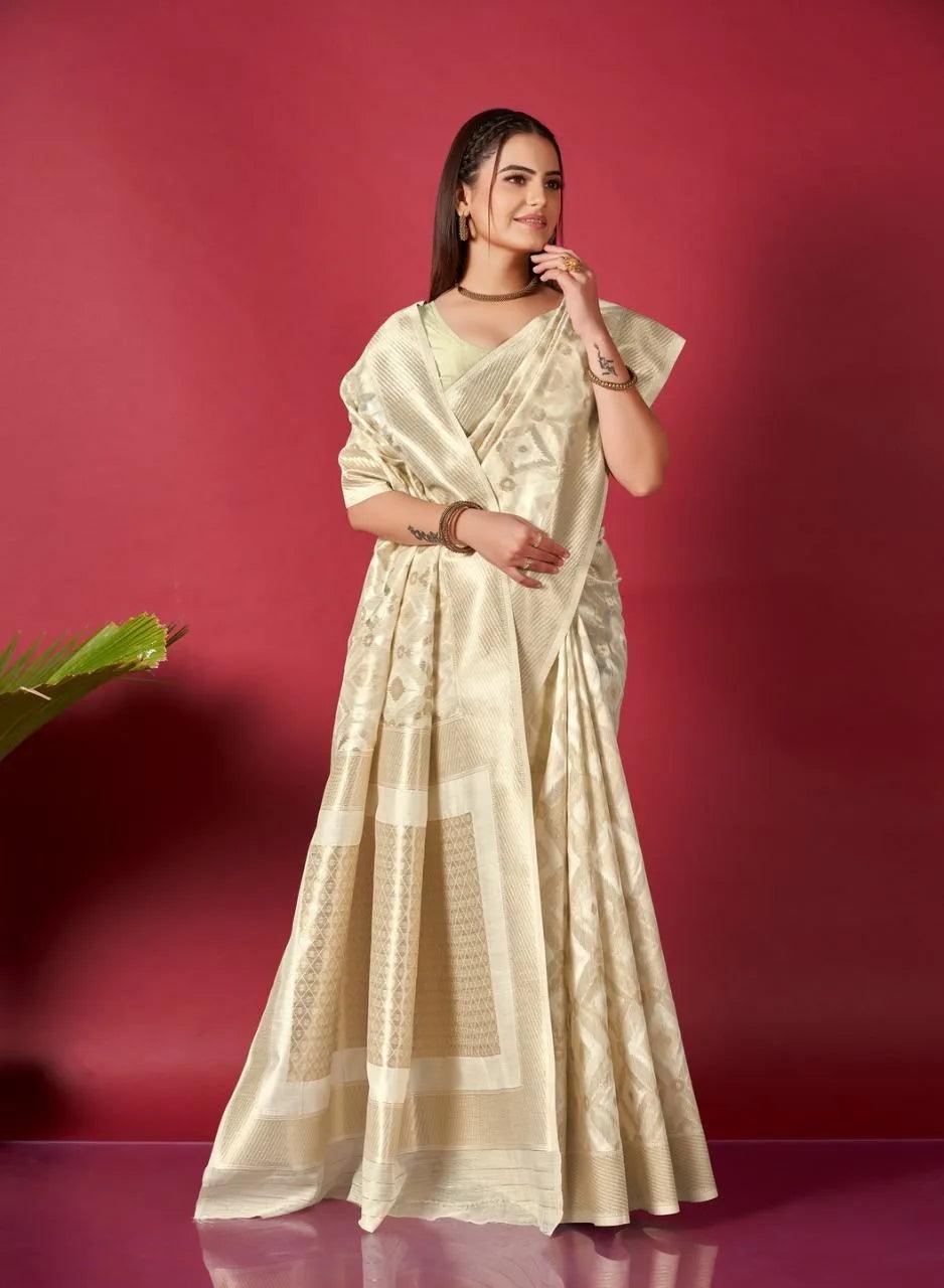 Cream Ikkat Weaving Linen Saree - Mira Fashion