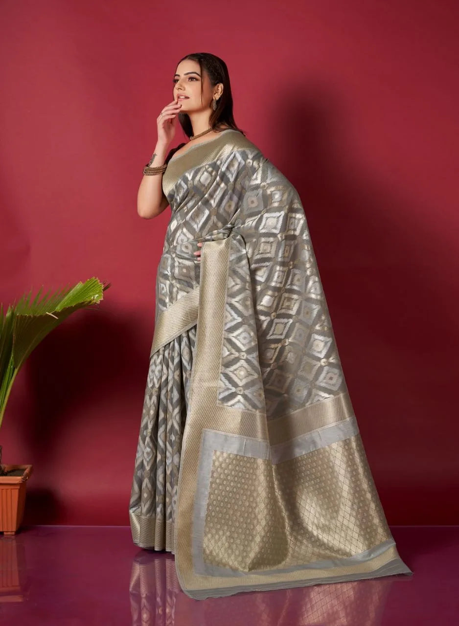 Gray Ikkat Weaving Linen Saree - Mira Fashion