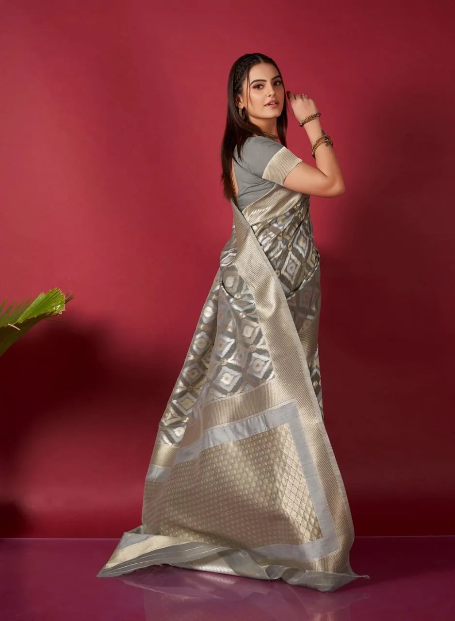 Gray Ikkat Weaving Linen Saree - Mira Fashion