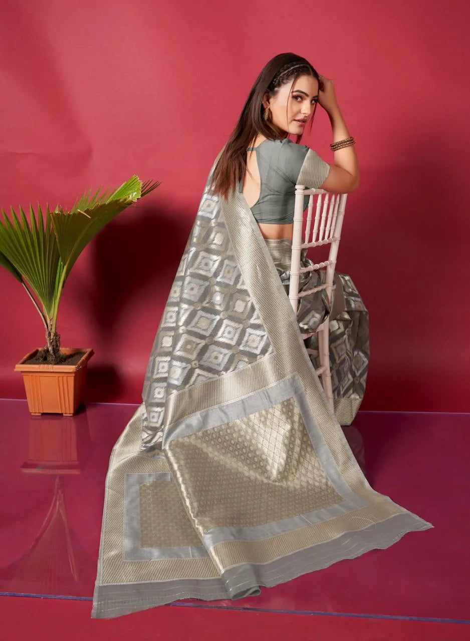 Gray Ikkat Weaving Linen Saree - Mira Fashion