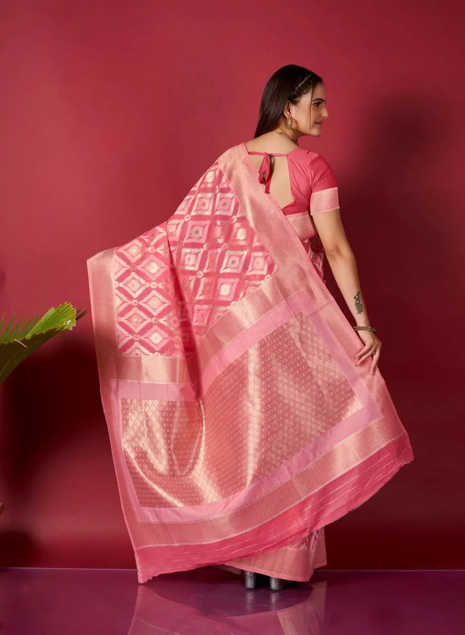 Pink Ikkat Weaving Linen Saree - Mira Fashion