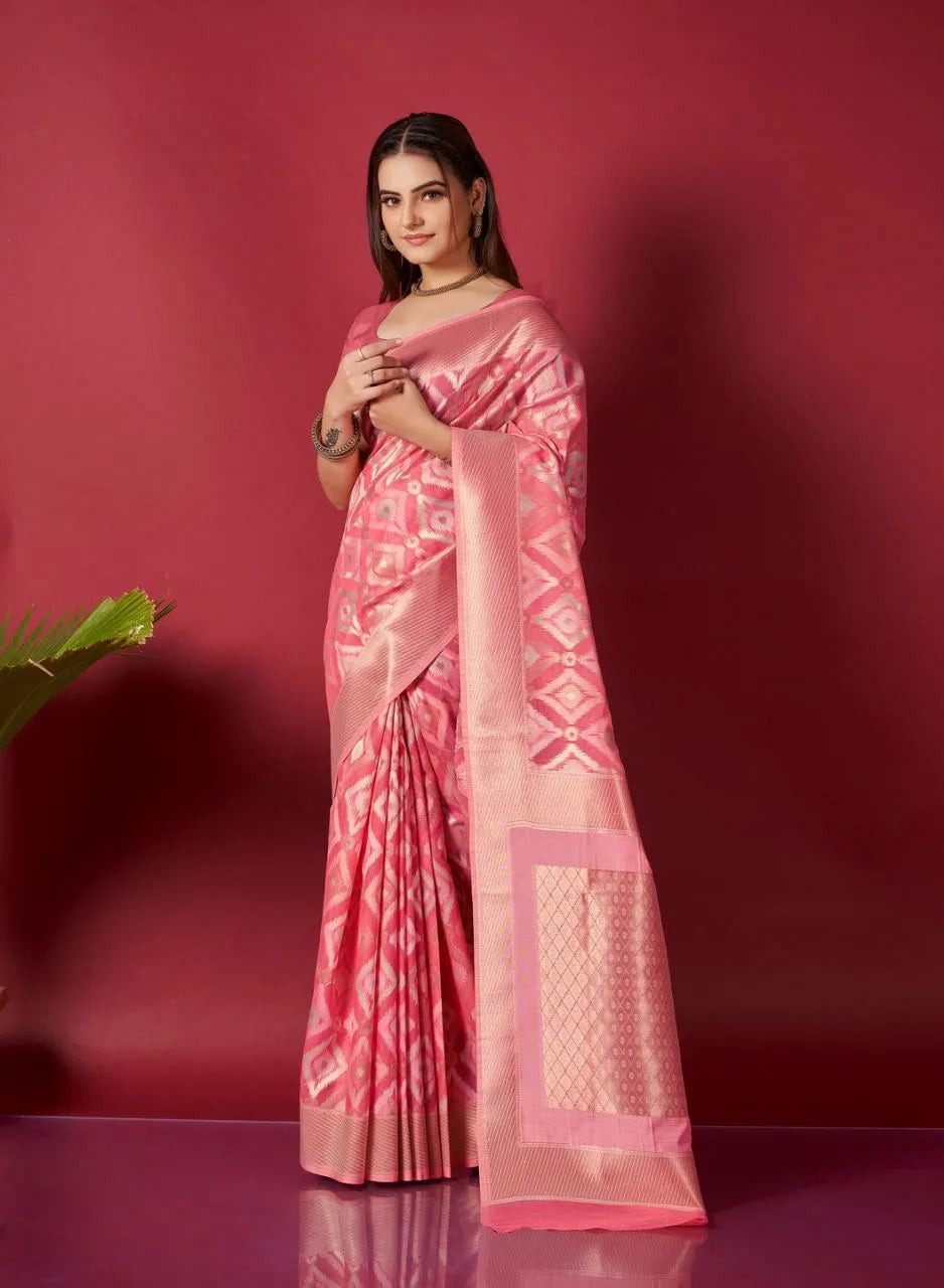 Pink Ikkat Weaving Linen Saree - Mira Fashion