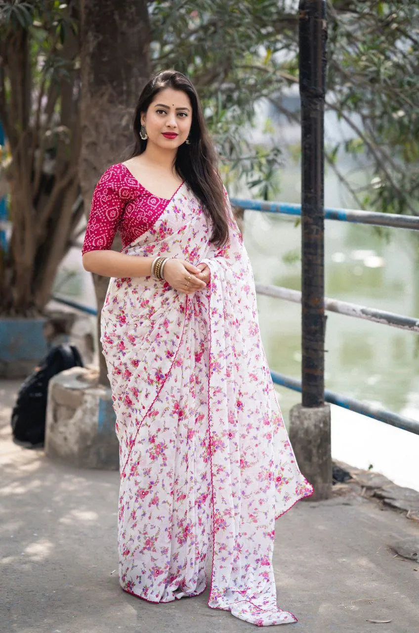 Floral Printed Georgette Saree - Mira Fashion