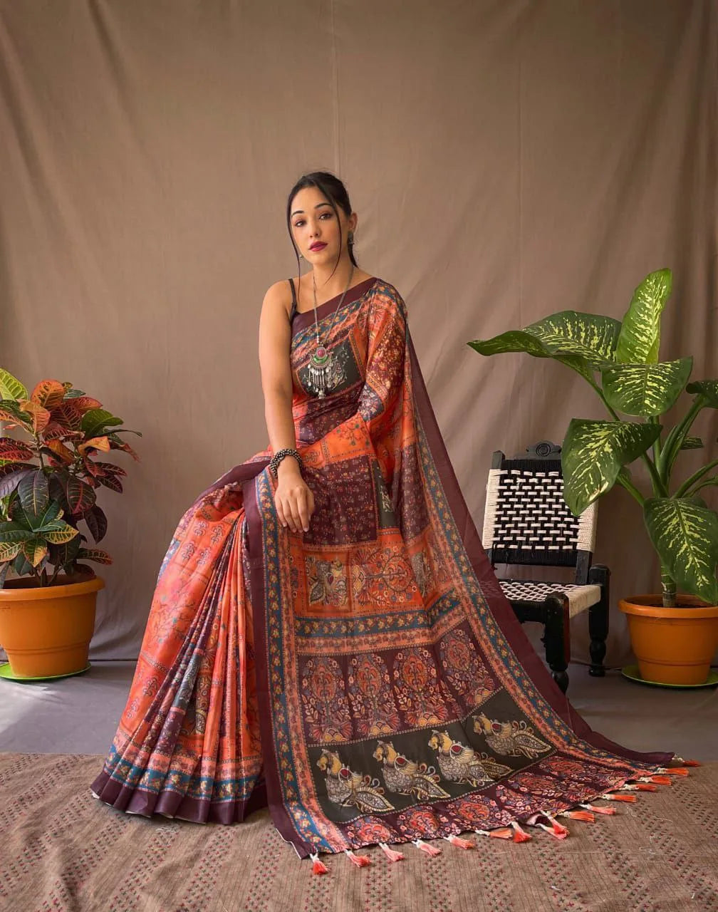 Pure Kanjivaram Digital Printed 3D Kalamkari Saree - Mira Fashion