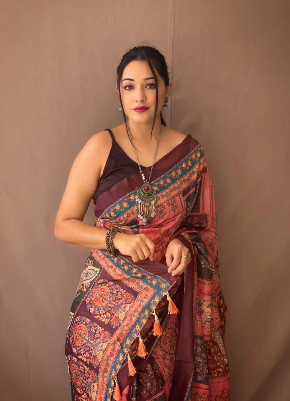 Pure Kanjivaram Digital Printed 3D Kalamkari Saree - Mira Fashion