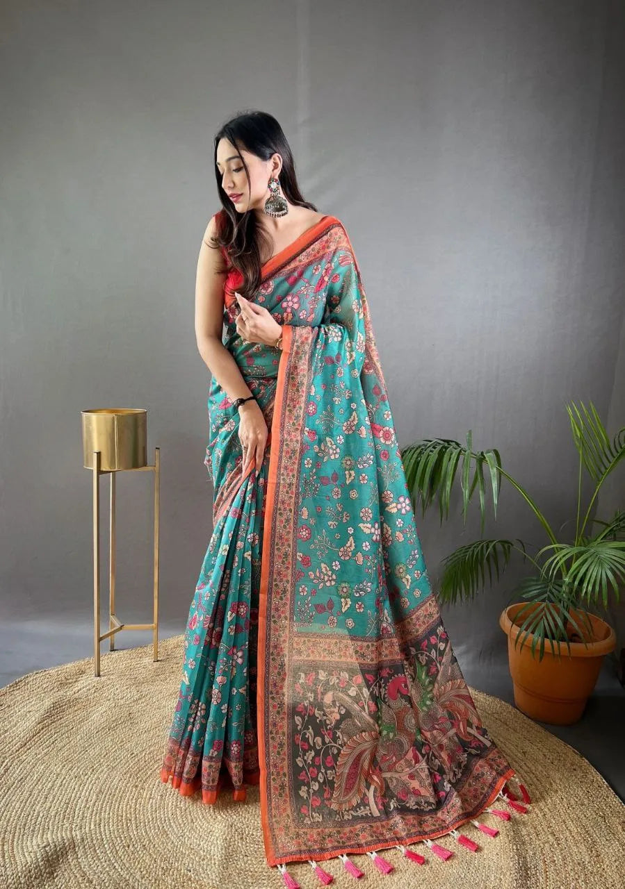 Kalamkari Printed Pure Malai Cotton Saree - Mira Fashion