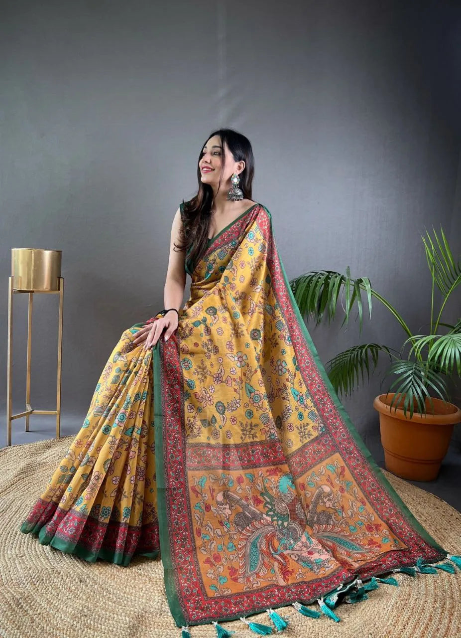 Kalamkari Printed Pure Malai Cotton Saree - Mira Fashion