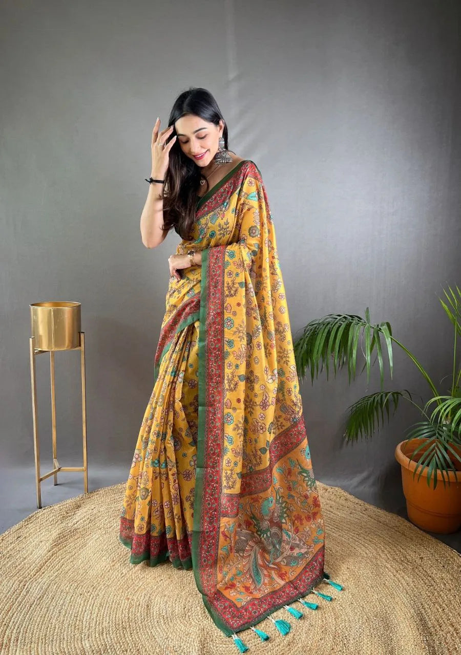 Kalamkari Printed Pure Malai Cotton Saree - Mira Fashion