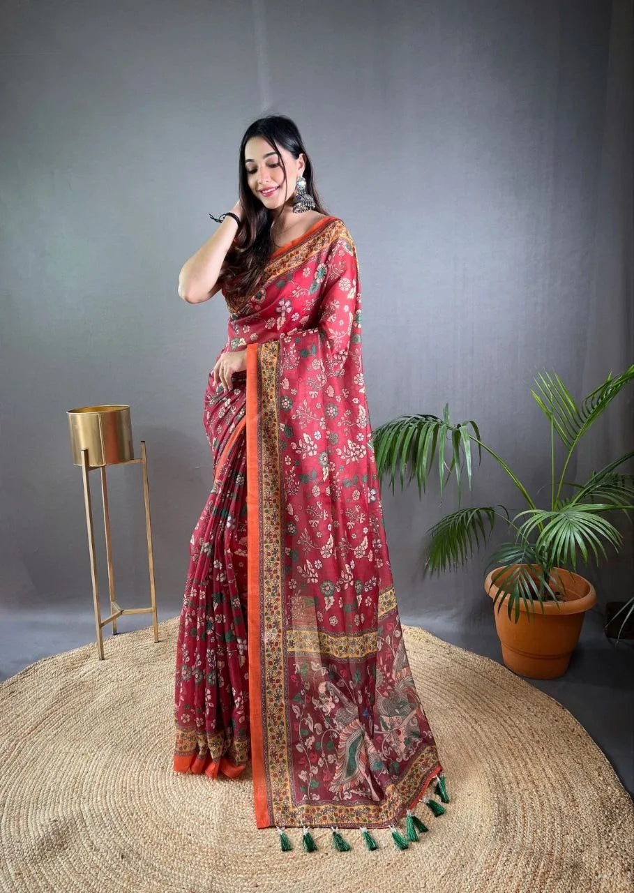 Kalamkari Printed Pure Malai Cotton Saree - Mira Fashion