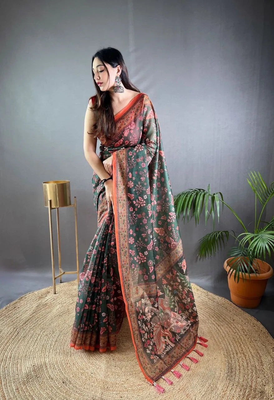 Kalamkari Printed Pure Malai Cotton Saree - Mira Fashion