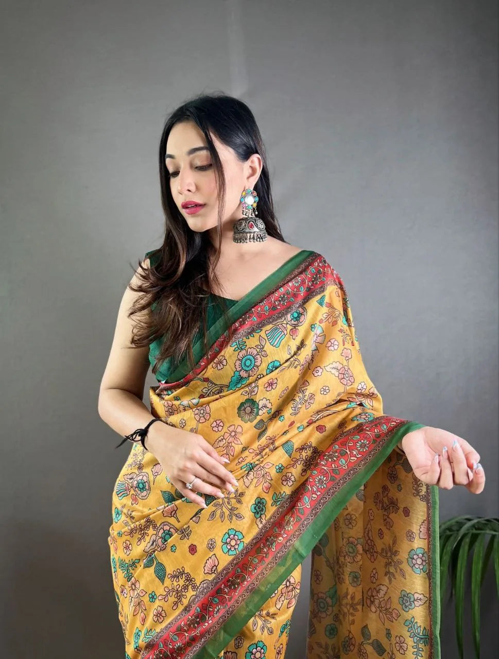 Kalamkari Printed Pure Malai Cotton Saree - Mira Fashion