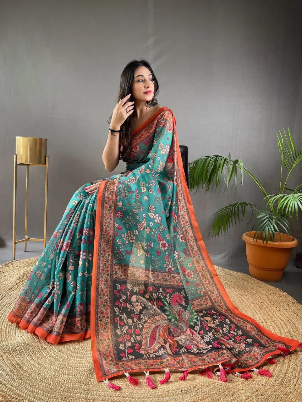 Kalamkari Printed Pure Malai Cotton Saree - Mira Fashion