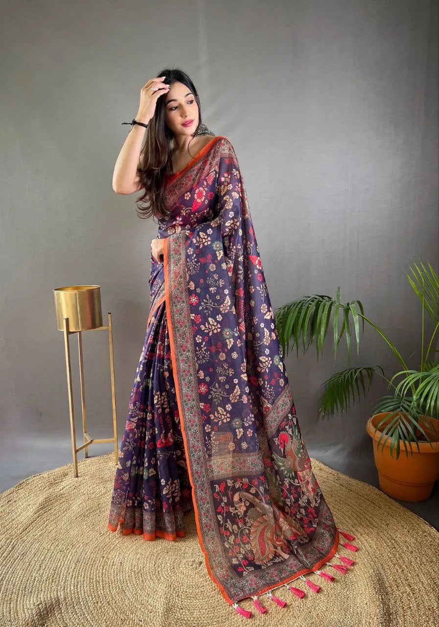 Kalamkari Printed Pure Malai Cotton Saree - Mira Fashion