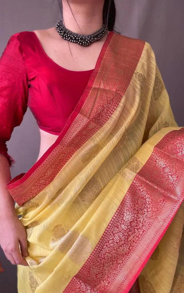 Akruti Linen Saree With Gold Weaved Motifs And Rich Pallu - Mira Fashion