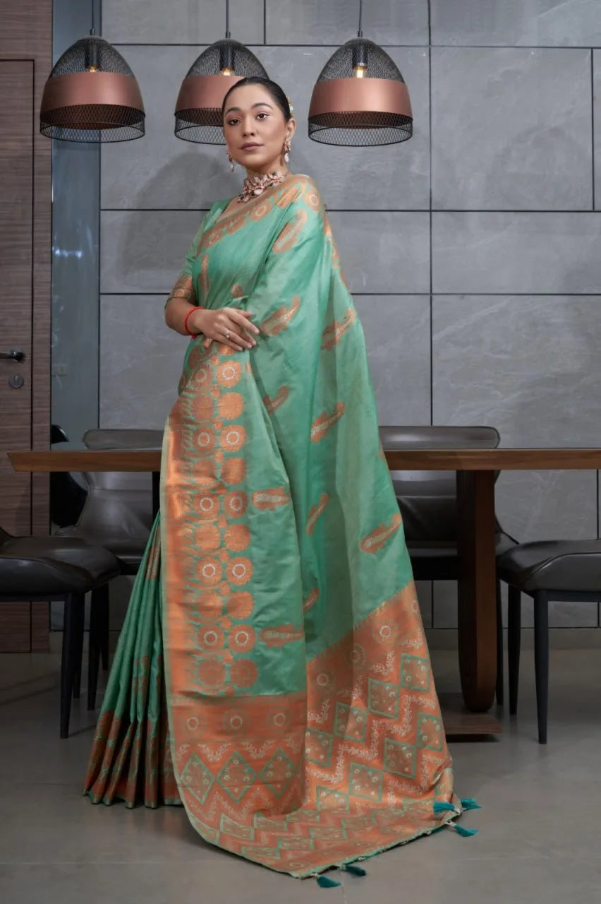 Visha Cotton Saree With Copper Silver Zari Border - Mira Fashion