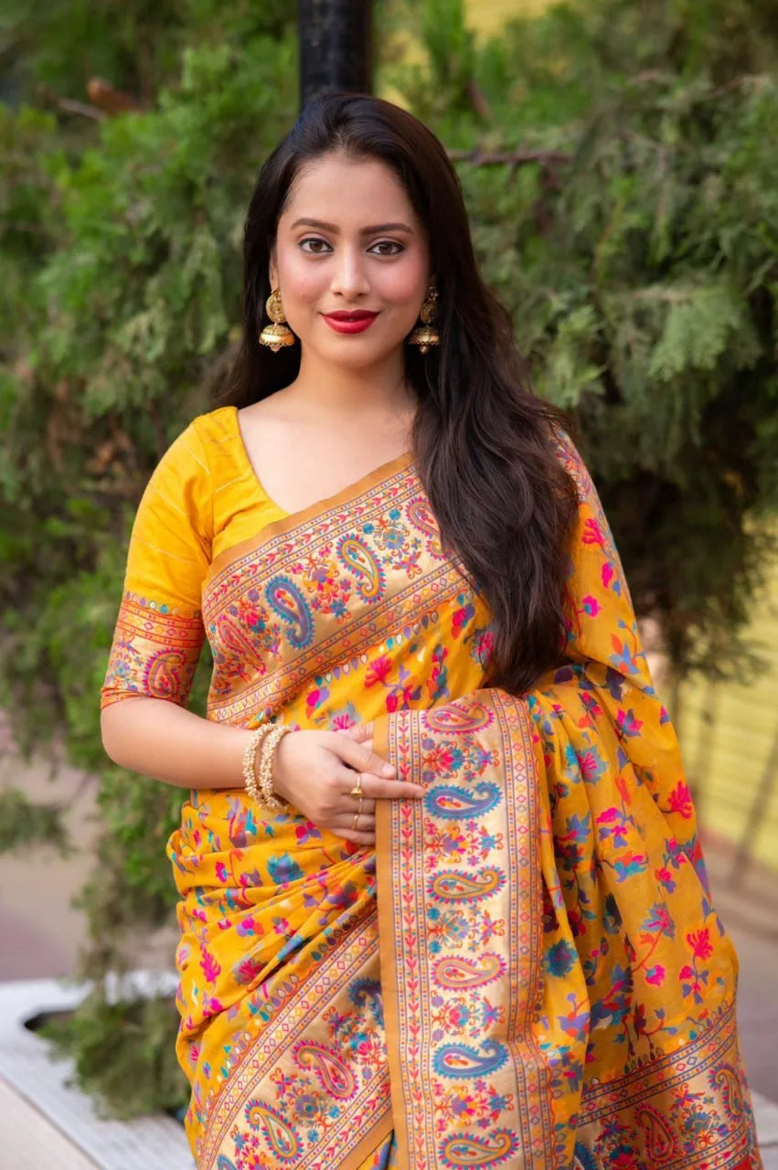 Meera Yellow Kashmiri Silk Saree - Mira Fashion