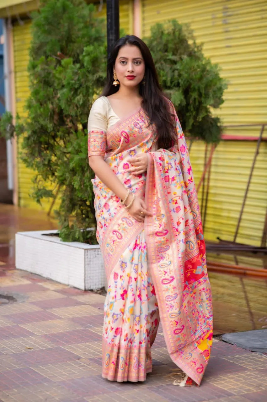 Meera Off-White Kashmiri Silk Saree - Mira Fashion