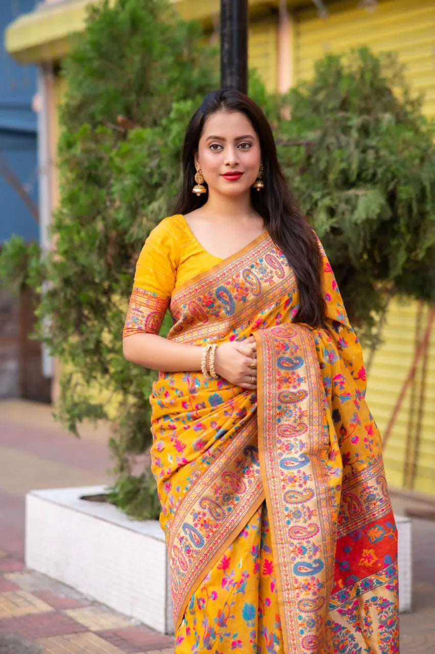 Meera Yellow Kashmiri Silk Saree - Mira Fashion