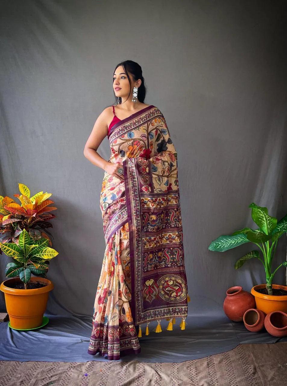 Beautiful Cotton Saree With Kalamkari Prints - Mira Fashion