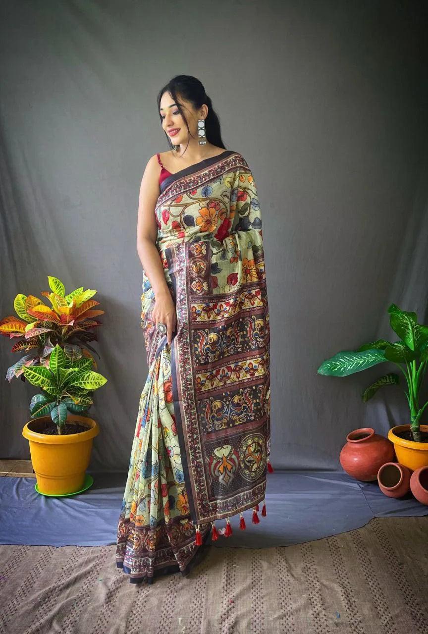 Beautiful Cotton Saree With Kalamkari Prints - Mira Fashion