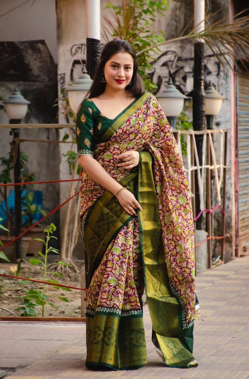 Ajrakh Style Printed Cotton Saree - Mira Fashion