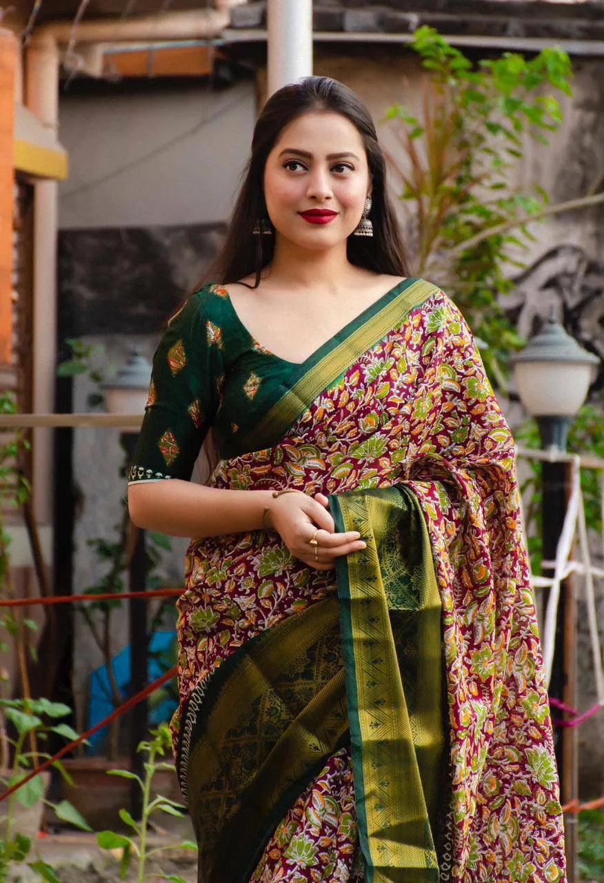 Ajrakh Style Printed Cotton Saree - Mira Fashion