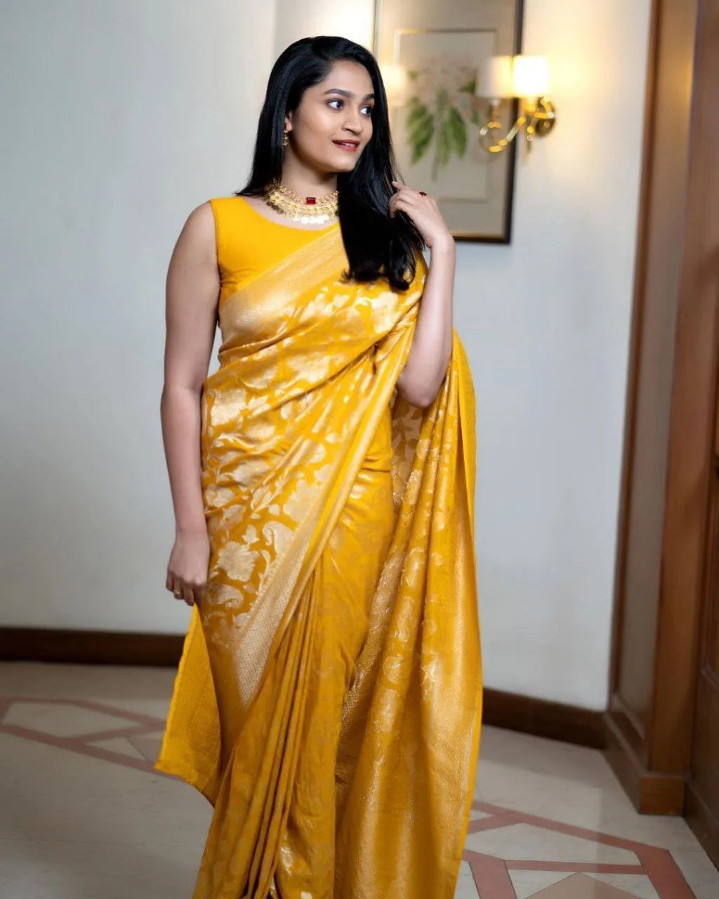 Yellow Organic Banarasi Saree - Mira Fashion